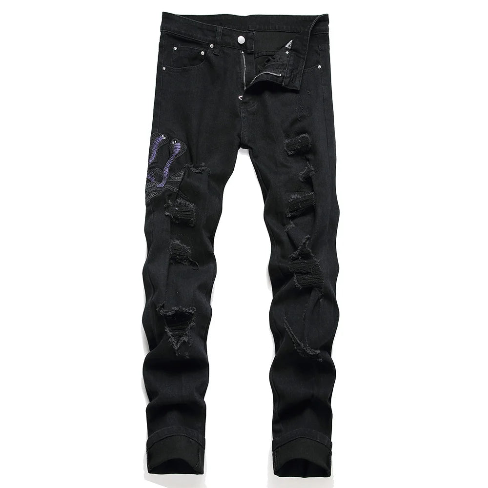 Men Snake Embroidery Jeans Streetwear Black Stretch Denim Pants Holes Ripped Distressed Slim Straight Trousers